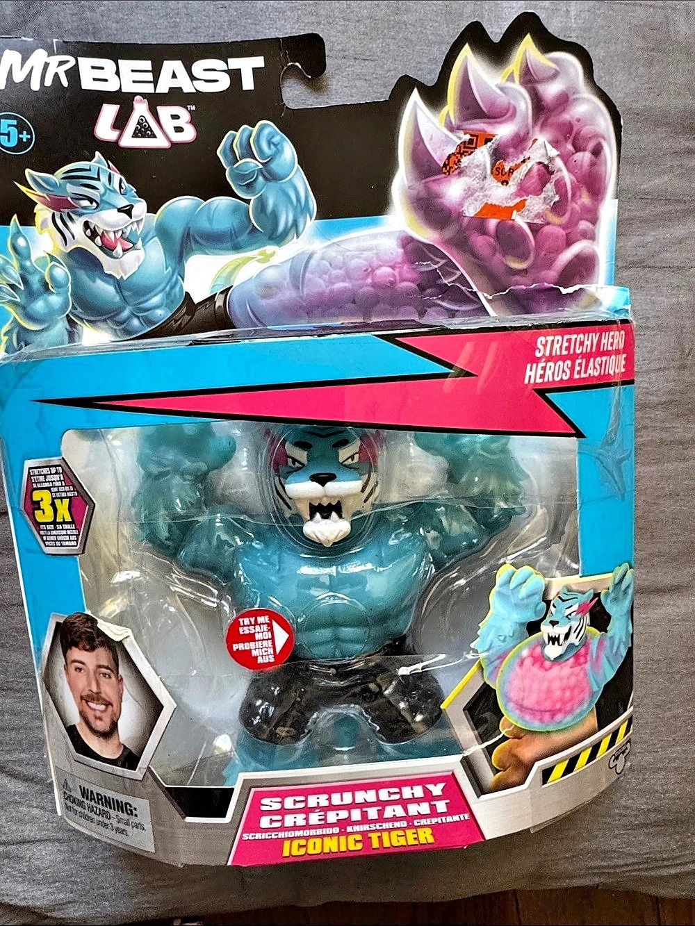 MrBeast Lab Scrunchy GHERKIN Chomper Action Figure NWT Blue & Pink. Box is rippe